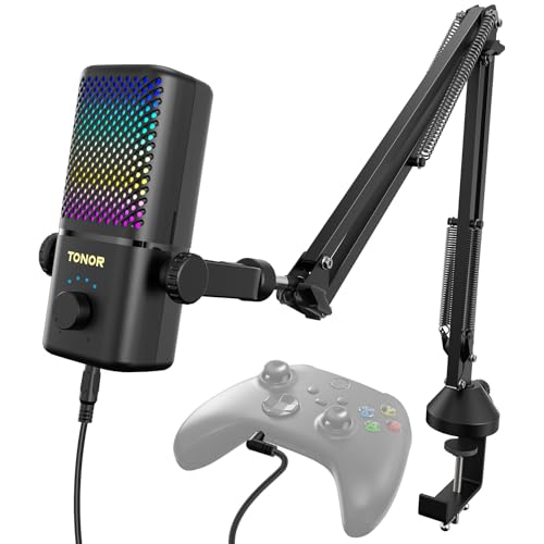 TONOR Gaming Mic Compatible with Xbox, RGB Streaming Boom Mic with 30H Battery Life, Low Noise, Monitoring, Gain Control, One Tap Mute, Fast Charging, Compatible with Capture Card TCX3+ Black - color: Black, style: Modern