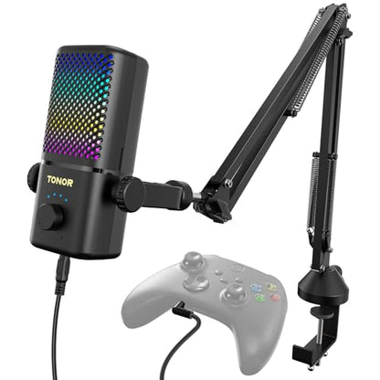 TONOR Gaming Mic Compatible with Xbox, RGB Streaming Boom Mic with 30H Battery Life, Low Noise, Monitoring, Gain Control, One Tap Mute, Fast Charging, Compatible with Capture Card TCX3+ Black - color: Black, style: Modern