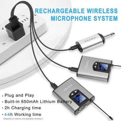 Hotec Wireless System with Dual Headset Microphones/Lavalier Lapel Mics and Bodypack Transmitters and One Mini Rechargeable Receiver 1/4" Output, for Live Performances