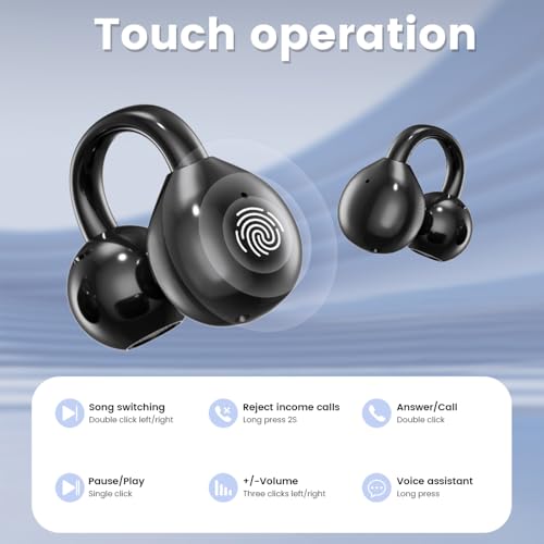 Piluyaa Clip-on Earbuds, Open Ear Earbuds with LCD Touchscreen Wireless Bluetooth 5.4, Lightweight M100 Open Ear Headphones with C-Shaped Bridge, Slim Hook,48H Battery, for Sports, Fitness (Black) - color: Black