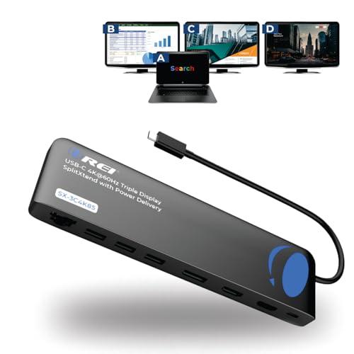 OREI USB C Docking Station Triple Monitor, SplitXtend 12-in-1 Laptop Dock with 2 HDMI + DisplayPort, 4K@60Hz, 85W PD, Ethernet, USB, SD/TF – 3 Monitor Dock (MST, No Drivers, Windows) | 4K Splitter Extended Display, 1 DisplayPort Docking Station 4 Separate