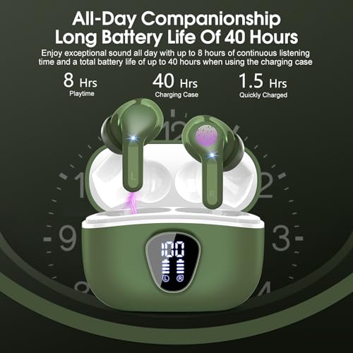BESNOOW I53 ENC Wireless Earbuds Bluetooth 5.4 HiFi Stereo in Ear Ear Buds | With ENC Noise Cancelling Mic, IP7 Waterproof in Ear Earphones,48H, LED Display Ear buds for Pad Phones Workout Sports, Green - color: Green