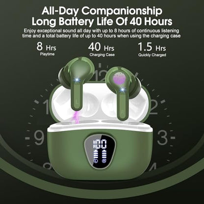 BESNOOW I53 ENC Wireless Earbuds Bluetooth 5.4 HiFi Stereo in Ear Ear Buds | With ENC Noise Cancelling Mic, IP7 Waterproof in Ear Earphones,48H, LED Display Ear buds for Pad Phones Workout Sports, Green - color: Green