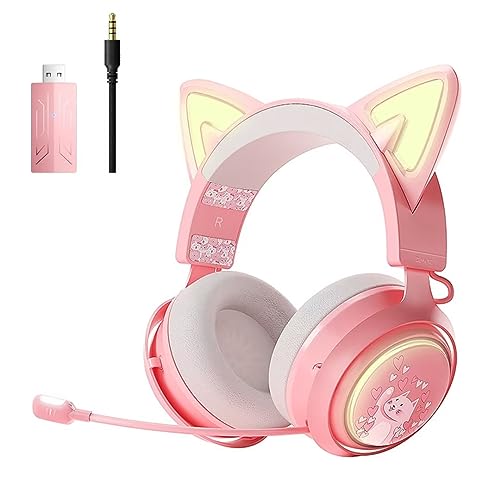 SOMIC Cat Ear Headphones, 2.4G/Bluetooth Wireless Gaming Headset for PS5, PS4, PC with RGB Lights and Retractable Mic, 10Hrs Playtime, 7.1 Surround Sound for Laptop, Smartphone-GS510 Pro - Pink - size: 2.4G+Bluetooth+Wired