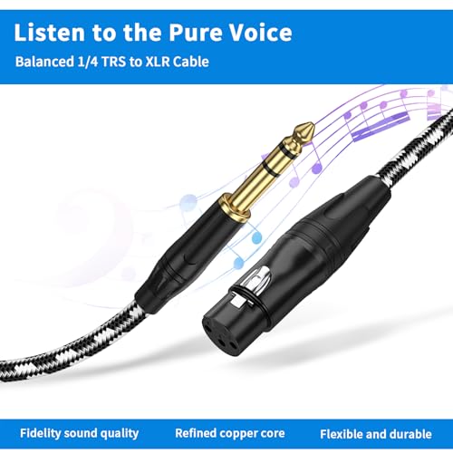 XLR Female to 1/4 (6.35mm) TRS Mono Jack Microphone Cable, 6.6 FT, 2 Pack, Black and White Grid Protective Layer, Balanced 3 Pin XLR to Quarter inch TRS Plug Mic Cord, Pure Copper and Plated Pin - size: 6.6 FT 2 Pack, style: B/W 6.35 to XLR Female