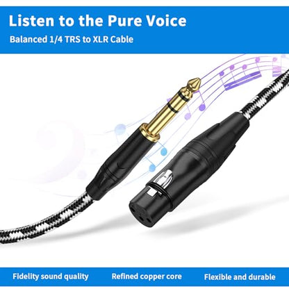 XLR Female to 1/4 (6.35mm) TRS Mono Jack Microphone Cable, 6.6 FT, 2 Pack, Black and White Grid Protective Layer, Balanced 3 Pin XLR to Quarter inch TRS Plug Mic Cord, Pure Copper and Plated Pin - size: 6.6 FT 2 Pack, style: B/W 6.35 to XLR Female