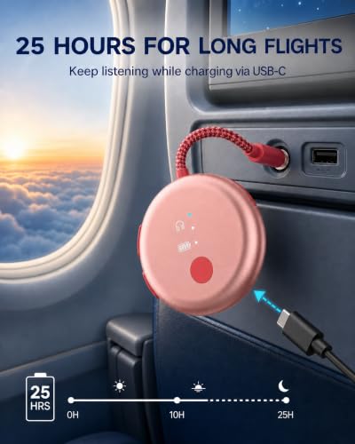 Avantree SoundJet R1-25Hr Airplane Bluetooth Adapter for All AirPods | Qualcomm Chip & aptX Adaptive, Wireless Audio Transmitter for Flight Travel, Works with Bose & Other Headphones - color: 2. Pink