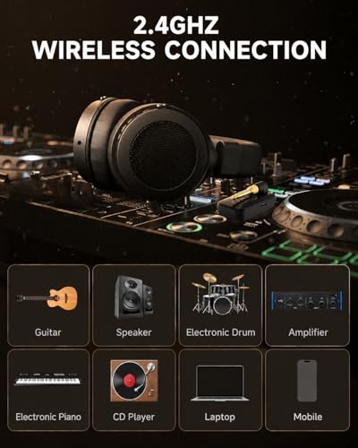 syndesmos 2.4GHz Wireless Headphones for Guitar Amp, 20ms Low Latency | Over Ear Headphones with 6.35mm & 3.5mm Jack, for Bass Guitar Studio Monitor & Mixing DJ AMP Keyboard, Black