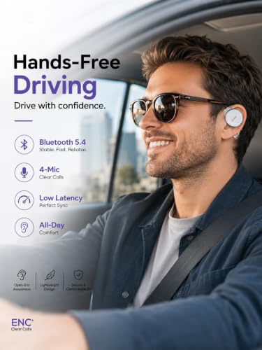 On Ear Headphones Bluetooth 5.4, Noise Cancelling Open Ear Headphones Wireless, Water-Drop Shaped Clip On Sport Headset Bluetooth with 4 Microphone, Comfort Fit Earphones with Long Battery Life - color: white-silver-white