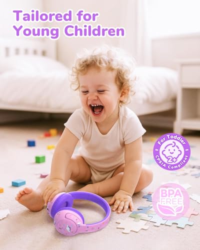 iClever BTH27 Toddler Headphones for 2+ Year Old Baby Kids Travel Study | SafeSound Tech3.0, 74H Playtime, Bluetooth 5.4, BPA Free, Aux, Soft Baby Headphones, Easy Operation, Adjustable, Purple - color: Purple