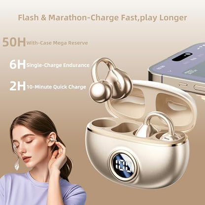 M97 Clip On Earbuds,Secure Fit, Wireless Bluetooth 6.0, Open Ear Headphones with 50H Battery 10-Min Quick Charge, Featherlight C-Shaped Hook, for Running/Gym, IPX5 Waterproof, Deep Bass(off white) - color: off white