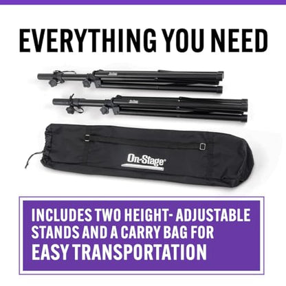 On-Stage SSP7900 All-Aluminum Speaker Stand Pack (Pair of Folding, Portable Stands, Tripod Base, Carry Bag, Height Adjustable, Nonslip Rubber Feet, 1 3/8″ Mounting Poles, 1 1/2″ Adapters, Black)