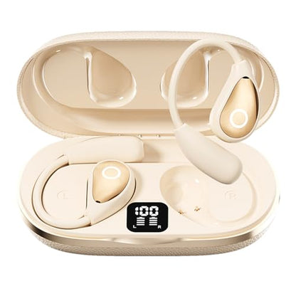 Open Ear Earbuds Wireless Bluetooth Headphones, 60Hrs Playtime, Stereo Sound Over Ear Buds with IPX7 Waterproof Noise Canceling Earphones, Ideal for Fitness, Travel - Off White - color: Off White