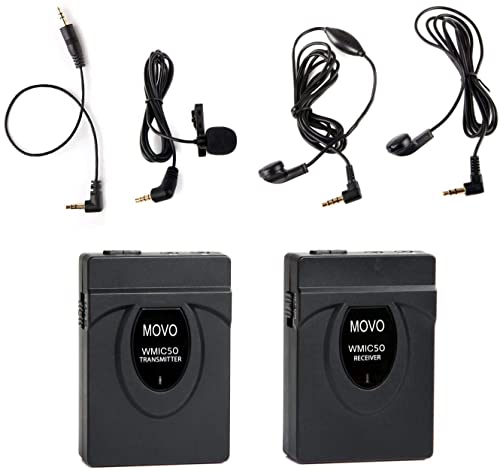 Movo WMIC50 2.4GHz Wireless Lavalier Microphone System with Integrated 164-foot Range Antenna (Includes Transmitter with Belt Clip, Receiver with Camera Shoe, Lapel Mic and 2 Earphones)