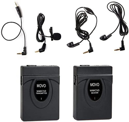 Movo WMIC50 2.4GHz Wireless Lavalier Microphone System with Integrated 164-foot Range Antenna (Includes Transmitter with Belt Clip, Receiver with Camera Shoe, Lapel Mic and 2 Earphones)