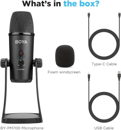 Boya BY-PM700 Multi-Pattern USB Microphone for Windows and Mac Computers with Headphone Output, Black