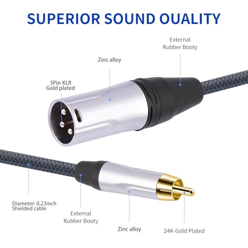 1FT RCA Male to 3Pin XLR Male Audio Cable,Balance XLR to RCA Unbalanced Mixer Audio Cable,24K Gold-Plated Plug/Heavy-Duty zinc Alloy Shell/Braided Shielded Cable-2 Pack - color: RCA M To XLR M, size: 1FT