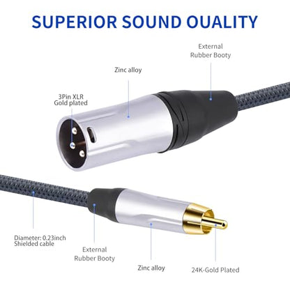 1FT RCA Male to 3Pin XLR Male Audio Cable,Balance XLR to RCA Unbalanced Mixer Audio Cable,24K Gold-Plated Plug/Heavy-Duty zinc Alloy Shell/Braided Shielded Cable-2 Pack - color: RCA M To XLR M, size: 1FT