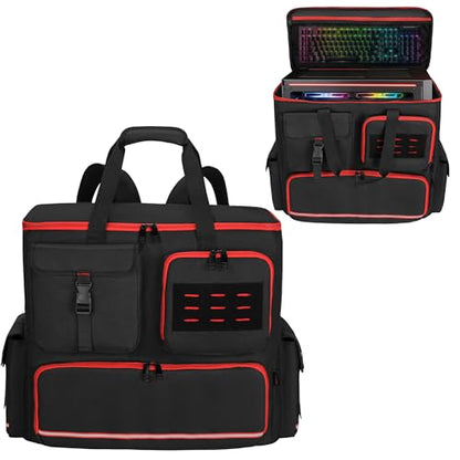 Desktop PC Tower Backpack for ATX/M-ATX Case with Bottom Pad | Padded PC Travel Bag with 6 Storage Pockets, MOLLE Side Pockets, Reflective Strips, Trolley Strap and Shoulder Straps, Black