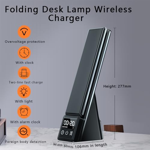 IHAO 6in1 Multifunctional Foldable LED Desk Lamp with Wireless Charger Digital Alarm Clock Eye-Care Lighting 3 Color Modes 15W Qi Charger for Phone/Headphones, Apple Watch Compatible-Black - color: Table Lamp Black