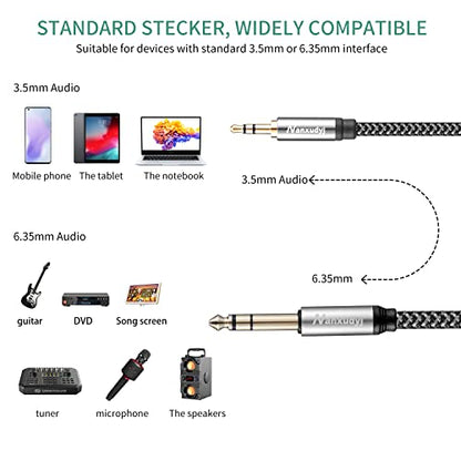 6.35mm to 3.5mm Stereo Audio Cable 100ft, 3.5mmTRS 1/8" Male to 6.35mm 1/4" Male Stereo Nylon Braid AUX Cord Cable Compatible Headphones,Laptop,Home Theater Devices, and Amplifiers & More - size: 100ft/30m