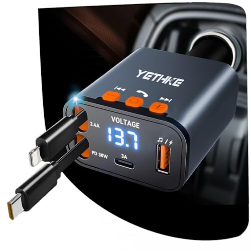 Bluetooth Car Adapter with Retractable Charger,[Upgrade] Bluetooth 5.4 FM Transmitter for Cars, 4 in 1 Fast Car Charger 69W, Handsfree Call, 2*Retractable Cable for iPhone 17/16/15/14, Galaxy-Gray - color: Gray