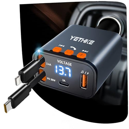 Bluetooth Car Adapter with Retractable Charger,[Upgrade] Bluetooth 5.4 FM Transmitter for Cars, 4 in 1 Fast Car Charger 69W, Handsfree Call, 2*Retractable Cable for iPhone 17/16/15/14, Galaxy-Gray - color: Gray