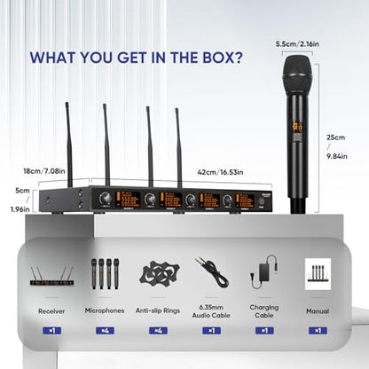 Wireless Microphone System, 4 Channels UHF Metal Cordless Handheld Wireless Mics Set - Adjustable Frequencies, Auto Scan, 165ft Range for Karaoke Singing Meeting Church Wedding (BLM404) - size: BLM404