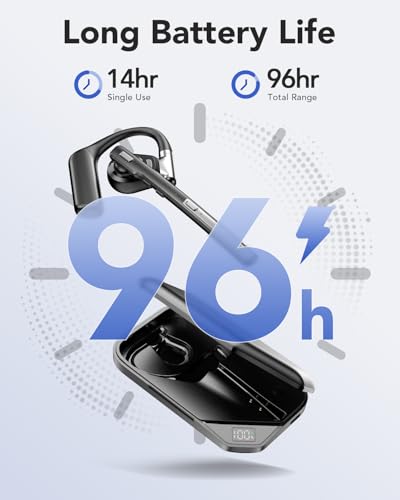 Bluetooth 6.0 Open-Ear Headset with Noise-Canceling Microphone | 96-Hour Talk Time, 950mAh Charging Case and Mute Button for Truckers, Work, iOS, Android and Laptops