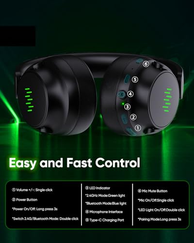 INGA Wireless Gaming Headset for Xbox Series X|S, Xbox One, PC, PS5/4, Mac, Nintendo Switch, Game/Chat Balance, 2.4GHz/Bluetooth 5.2, ENC Microphone & 7.1 Surround Sound (Green LED)