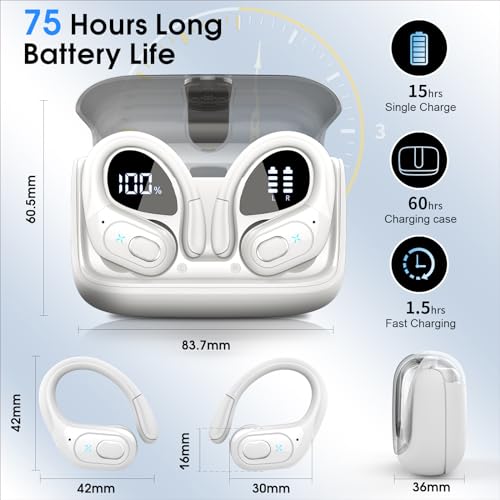Aptkdoe 2 Sets Wireless Earbuds Sport, Bluetooth 5.4 Over Ear Buds Stereo Deep Bass Over Ear Bud with Earhooks, 75H Wireless Earphones with Mic, IPX7 Waterproof Earphone for Sports Blue+White