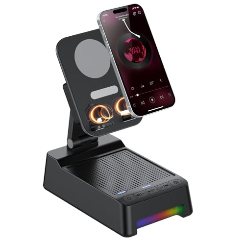 Wireless Induction Speaker 5-in-1 Bluetooth Speaker with Phone Stand, Father's Day Present, Stereo Sound 8 RGB Ambient Light, 360° Rotation Adjustable Desktop Stand for iOS Android - color: Black