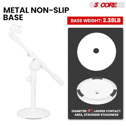 5 Core Desk Microphone Stand Adjustable Round Base with Boom Arm, 3/8'' and 5/8/'' Threaded Mount and Mic Holder for Kick Drums Guitar Amps White - MSSB W