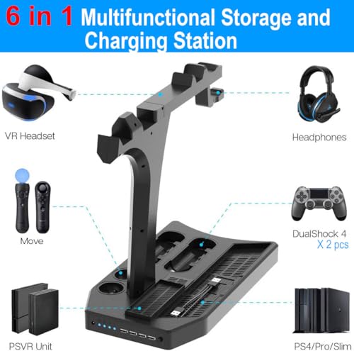 PSVR Stand Compatible with PS4 VR - PS4/Slim/Pro Cooling Station and Charging Dock for Playstation VR Stand to Charge PS VR Controllers and Accessories Multipurpose PS Charging Stantion Storage