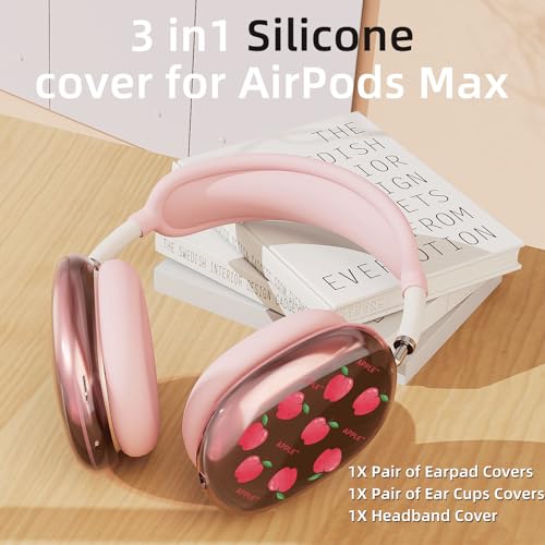 Pink Cute Apple Print Clear Case for Airpods Max Headphones Lovely Design Soft TPU Ear Cups Cover Anti-Scratch Silicone Ear Pad Protective Case 53 Headband Cover for Apple Airpods Max - color: Pink apple 04