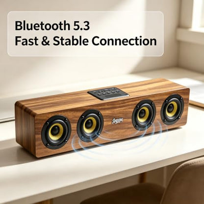 Retro Wooden Bluetooth 5.3 Portable Soundbar Speaker, 20W 2.0 Stereo with Bass Boost, TWS Pairing, USB/TF/AUX/FM Radio, for PC, Monitor, Laptop, Tablet & Smartphone