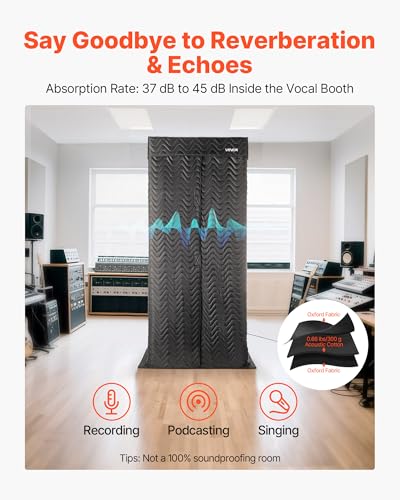VEVOR Portable Vocal Booth 6.56 ft Height Echo-Free Recording Studio Booth | Thickened Soundproofing, Home Studio/Sound Isolation, with Travel Bag, Mobile Tablet Stand, for Vocals, Podcasts, Voiceovers - size: Vocal Booth