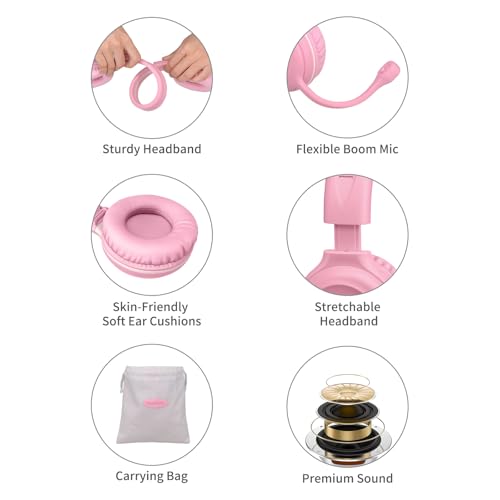 SIMOLIO Wired Headphones for School with Microphone, Stereo Kids Headphone with Flexible Swivel Boom Mic for Student K12 & Teacher & E-Learning, 3 Levels Volume Limiter Gaming Headsets for Boys, Girls - color: Pink & Blue