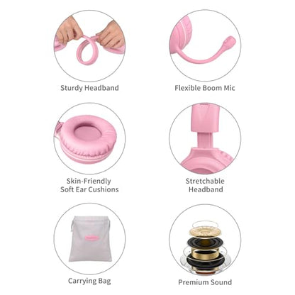 SIMOLIO Wired Headphones for School with Microphone, Stereo Kids Headphone with Flexible Swivel Boom Mic for Student K12 & Teacher & E-Learning, 3 Levels Volume Limiter Gaming Headsets for Boys, Girls - color: Pink & Blue