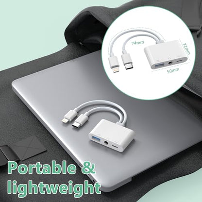 2-in-3 Lightning + USB C to 3.5mm Aux Audio Headphone Splitter Adapter Cable,USB OTG Camera Adapter+3.5mm Jack+Type-C Earphone/Charge Port,Phone Splitter for iPhone 15/14/13,Samsung,iPad,Huawei