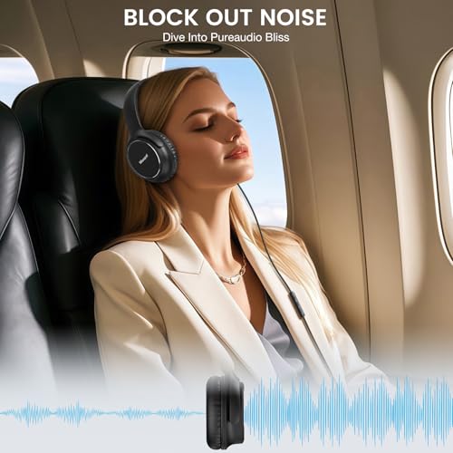USB C Wired Over-Ear Headphones with Microphone | Volume Control, Share Port, Adjustable Headband Foldable Stereo Headset for Adult/Teens for iPhone 16, Laptop, Gaming, Travel - color: Black