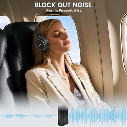 USB C Wired Over-Ear Headphones with Microphone | Volume Control, Share Port, Adjustable Headband Foldable Stereo Headset for Adult/Teens for iPhone 16, Laptop, Gaming, Travel - color: Black