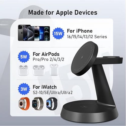 iPhone Charging Station 3 in 1 Wireless Charger for Apple Devices, 15W MagSafe Stand Compatible with iPhone 17 16 15 14 13 12 Pro Max Plus, Charging Dock for AirPods 4 3 2 & iWatch Series (Black) - color: Black