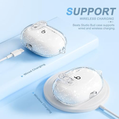 for Beats Studio Buds/Studio Buds Plus Case Cover with Lock, Glitter Clear | Protective Cover for New Beats Studio Buds + Wireless Earbuds Case with Keychain & Cleaner Kit (2021/2023) - color: Glitter Clear+P