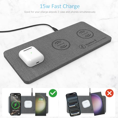 ZealSound Wireless Charging Pad, 3 in 1 Charger Mat for iPhone, Samsung Galaxy, Pixel, AirPods & Galaxy Buds, 24W Adapter Included, Ultra Slim, Case Friendly, PU Leather, Home Office & Travel, Gray - color: Gray