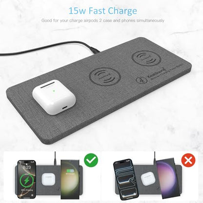 ZealSound Wireless Charging Pad, 3 in 1 Charger Mat for iPhone, Samsung Galaxy, Pixel, AirPods & Galaxy Buds, 24W Adapter Included, Ultra Slim, Case Friendly, PU Leather, Home Office & Travel, Gray - color: Gray