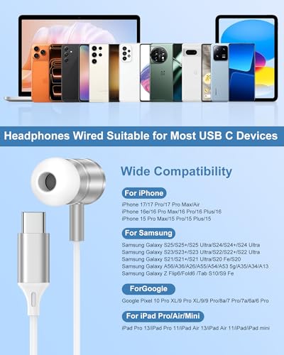 iPhone 17 USB C Headphones Wired, Earbuds with Microphone for iPhone 17e 16 | Type C in-Ear Headphones with Mic, USBC Wired Ear Buds for Samsung Galaxy S26 S25 S24 A17 Pixel Earphones