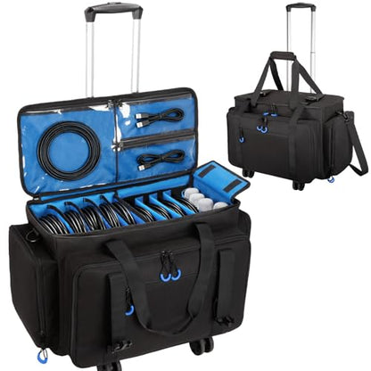 Large Rolling Dj Cable Bag with Detachable Dividers, Bottom Pad | Dj Bag for Equipment and Accessories with Laptop and Microphone Pocket, Dj Gig Bag for Musician, Professional, Travel, Blue - color: Blue, style: Rolling Dj Cable Bag