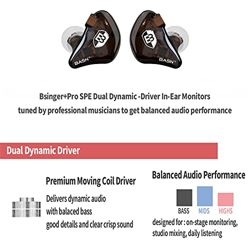 BASN Bsinger in Ear Monitor Headphones for Musician, Dual Dynamic Drivers Noise Isolating Earbuds with MMCX Inline Remote Mic Cable and Silver Plated Audio Cable (SPM-Brown) - color: SPM-Brown