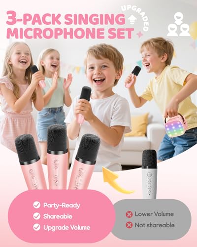 YLL Mini Karaoke Machine with 3 Wireless Microphones, Gifts for Kids | Portable Magic Voice Bluetooth Speaker, Birthday Gifts for Girls Ages 3, 4, 5, 6, 7, 8, 9, 10, 11, 12+ Year Old Family Party - color: Pink-3 Mics